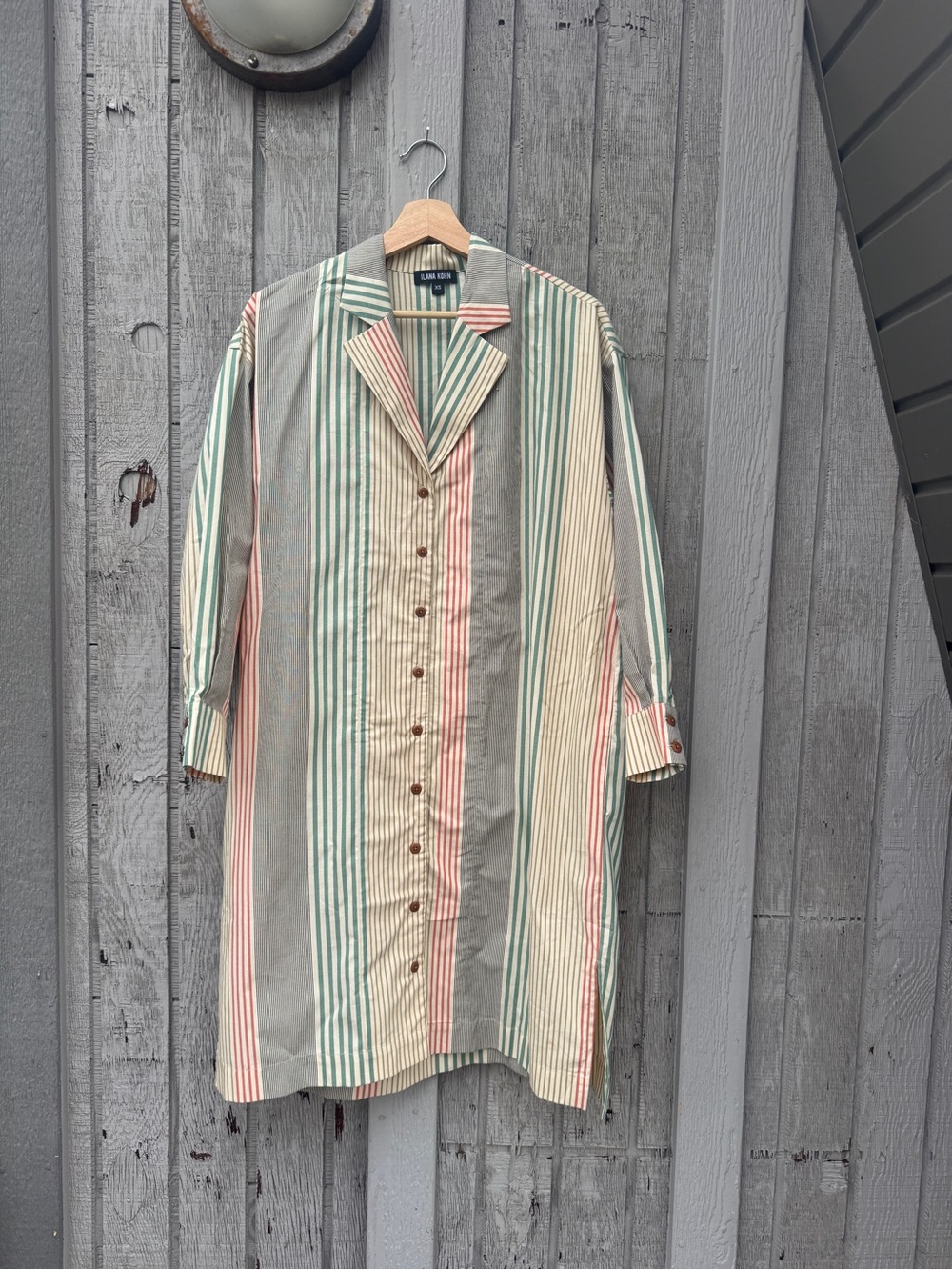Ilana Kohn Striped Button-Down Shirt Dress in Green, Pink & Cream